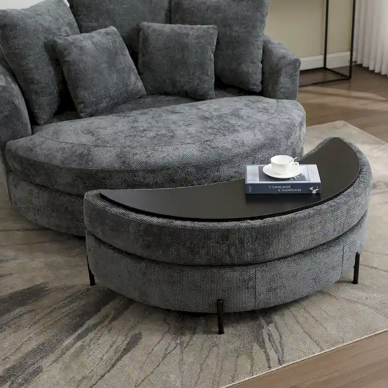 Modern Sofa Chair Round Accent Barrel Chair With 5 Pillows and Optional Ottoman