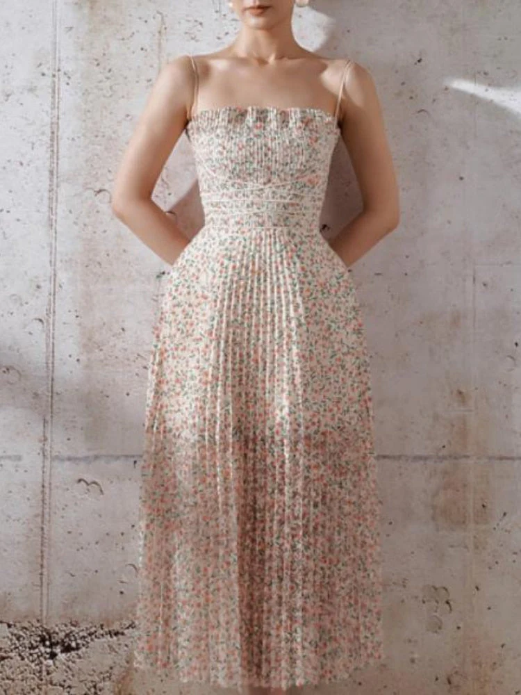 French Style Summer Vintage Floral Pleated Dress Women Spaghetti Strap High Waist Pleated Beach Dress - Deanwangkt