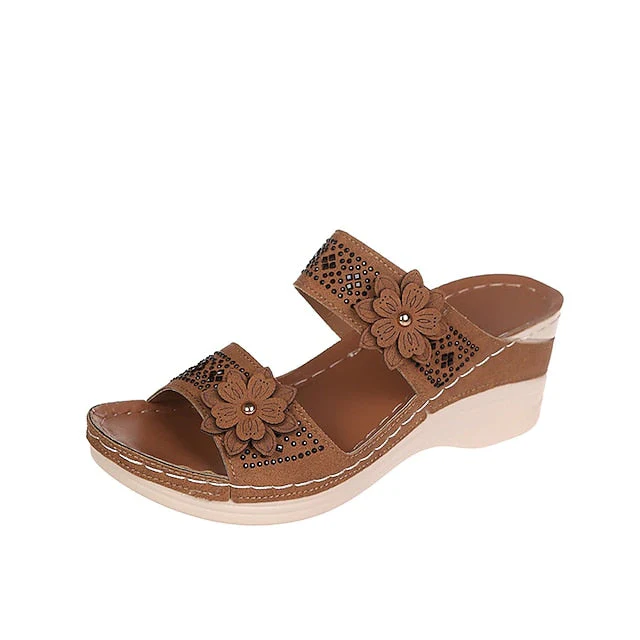 Women's Sandals Boho Bohemia Beach Wedge Sandals Comfort Shoes Outdoor Daily Beach Summer Flower Wedge Heel Round Toe Open Toe Casual Minimalism Walking Shoes PU Leather Faux Leather Loafer Solid - Deanwangkt