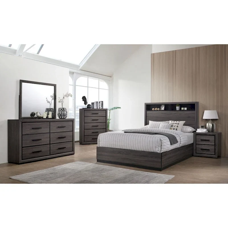 Rothwell Grey Wood Bed with Bookcase Headboard