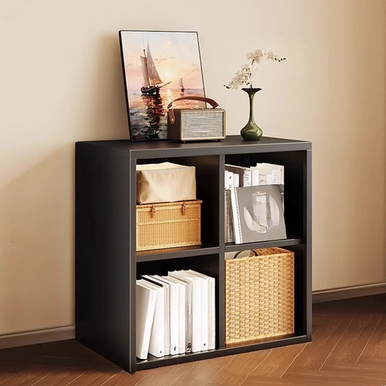 Modern Steel Cube Bookcase with Fabric Bins