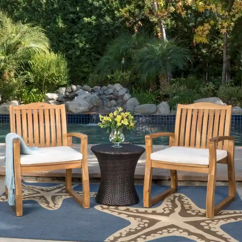 Avalon Outdoor 3-piece Acacia Wood Chat Set with Hourglass Wicker Table by Christopher Knight Home