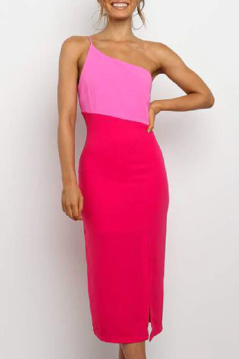 hulianfu Elegant Patchwork Slit Contrast Oblique Collar Pencil Skirt Dresses - Deanwangkt