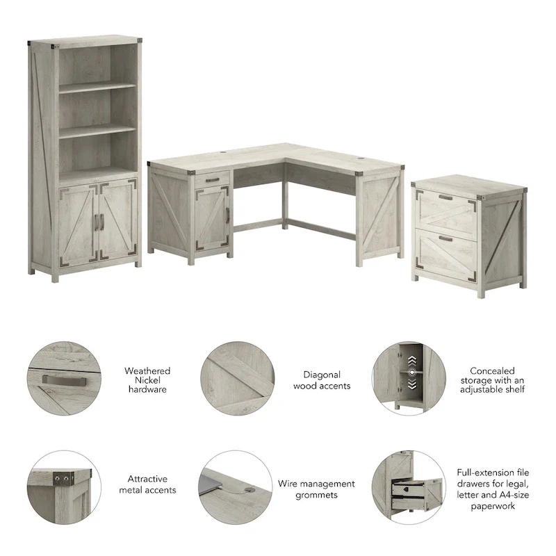 Knoxville 60W L-Desk with File Cabinet and Bookcase by