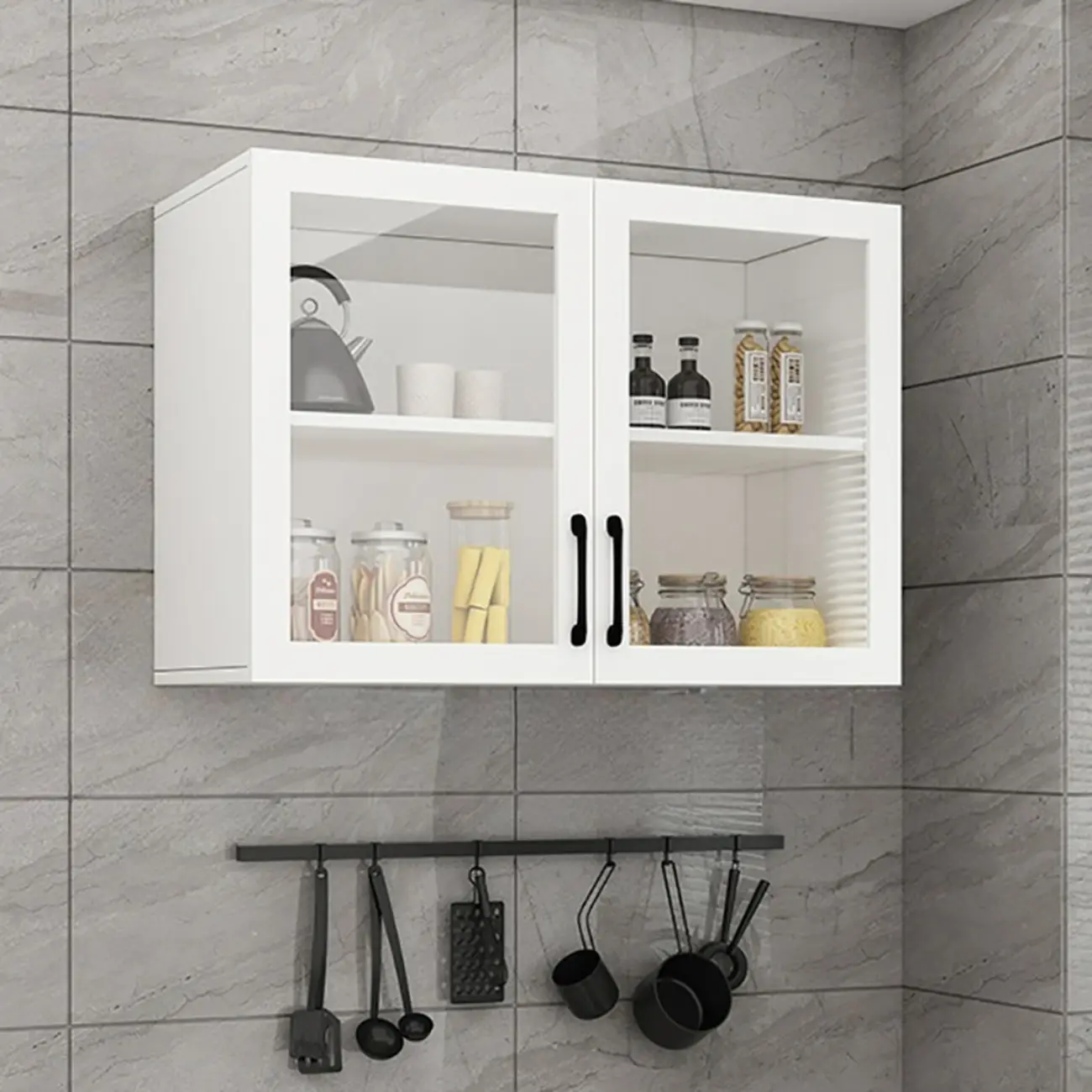 Kitchen Floating White Wood Glass Enclosed Display Cabinet