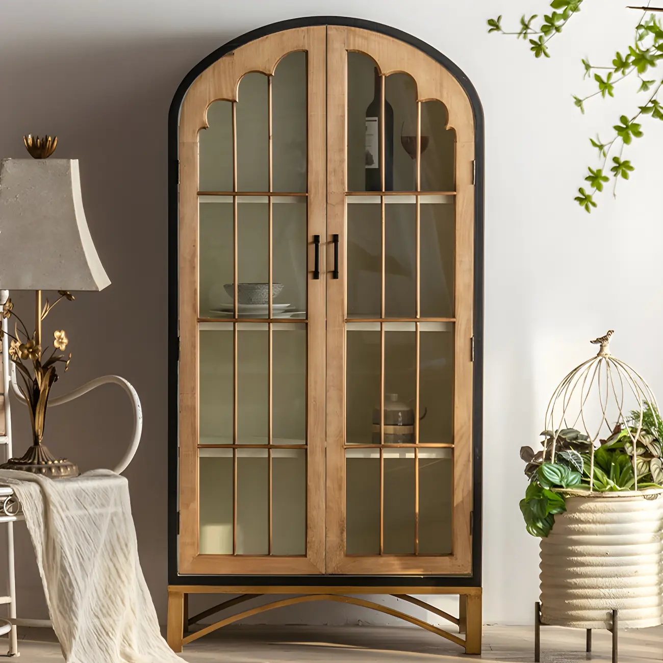 Natural Wood Glass Door Display Cabinet with Drawers