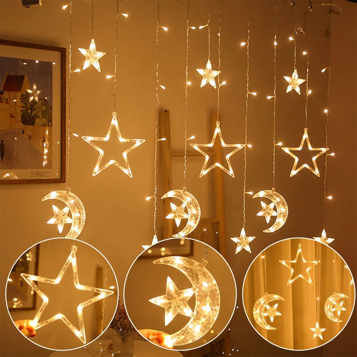 HULIANFU Star Moon Led Curtain Garland String Light Eid Mubarak Ramadan Decoration Islam Muslim Party Decor Eid Al Adha Gift Eid Mubarak - Deanwangkt