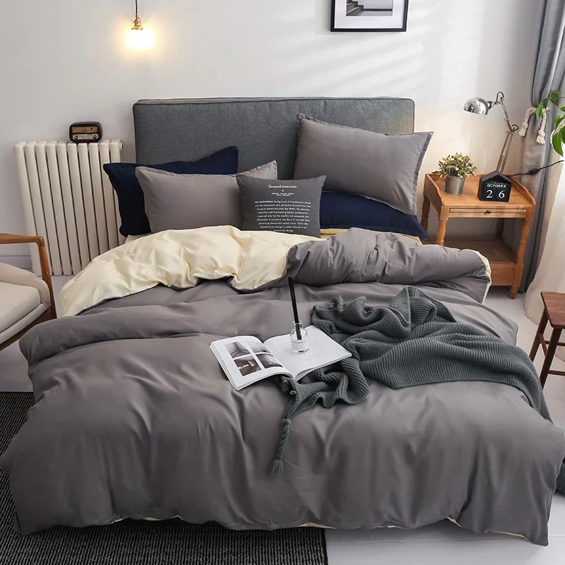 HULIANFU Nordic Double Color Bedding Set Single Queen King Duver Cover Set 240x220 Bed Sheet Bed Linen Pillowcase Gray Pink Quilt Covers - Deanwangkt