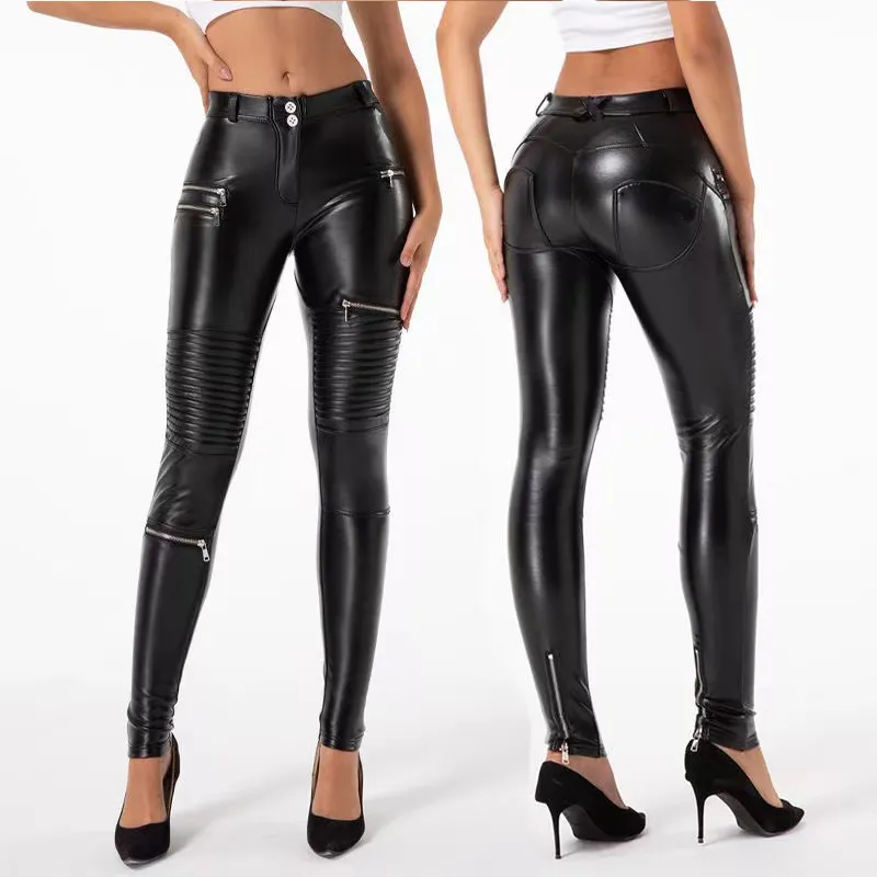 High Waist Faux Leather Moto Pants Women Punk Bodycon Stretchy Slim PU Trousers Streetwear Hip Pop Zip Pants Clubwear New Custom - Deanwangkt