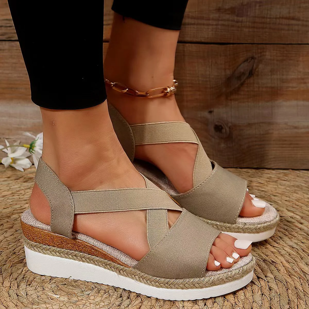 new Summer Women's Wedges Sandals Peep Toe Ladies Cross-tied Slides Thick Bottom Fashion Open Toe Female New Woman Shoes - Deanwangkt