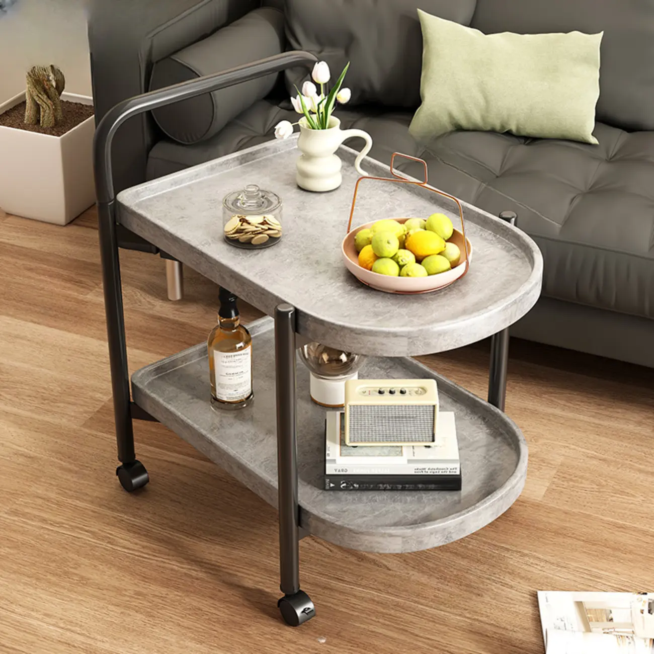 Modern 2-Tier Wood Round Coffee Table with Wheels, Tray