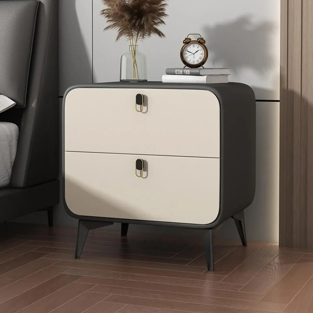 Scandinavian Leather 2 Drawers Wood Nightstand