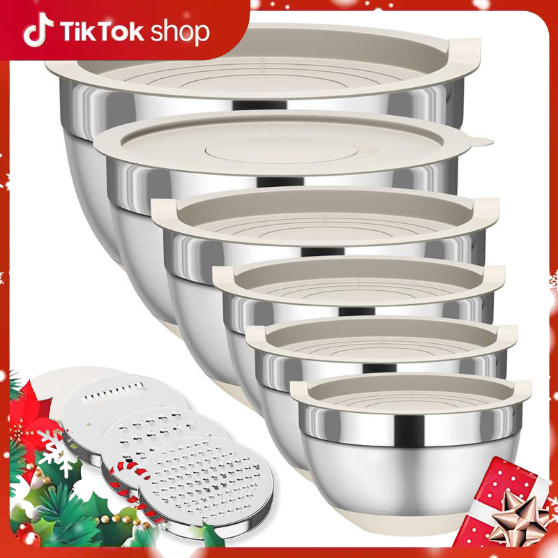 6 Piece Mixing Bowls with Lids Set, Stainless Steel Nesting Storage Bowls for Kitchen, with 3 Grater Attachments & Non-Slip Bottoms, Size 5.5,3.5,2.5,2.1,1.5,1.1 QT  Home Tableware