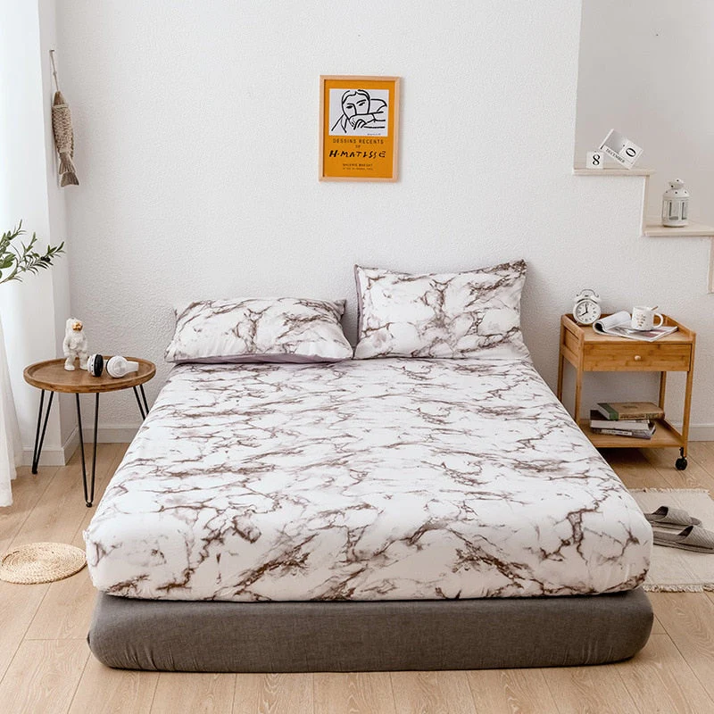 HULIANFU Nordic Mirco Fiber Marble Print Fitted Bed Sheet Single Elastic Band Double Bed Linen Home Soft Comfortable King Size Bedsheet - Deanwangkt