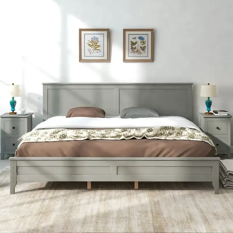 King Size Wood Platform Bed with Headboard and Footboard, Wooden Slat Frame Support