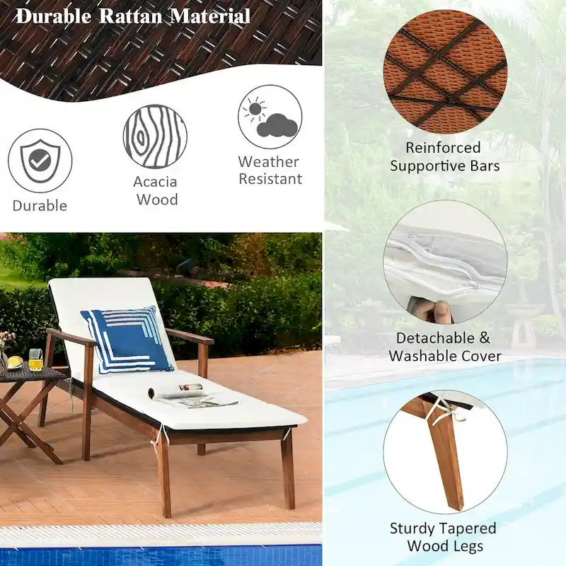 Costway 3PCS Patio Rattan Lounge Chair Folding Table Set Chaise Wood