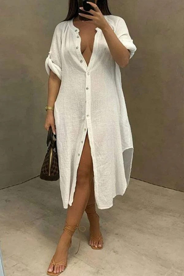 hulianfu Solid Color Casual Single Breasted Midi Dress - Deanwangkt