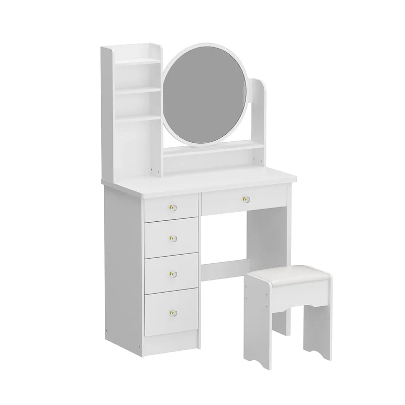 Makeup Vanity Set Dresser w/Mirror Stool 5 Drawers - White/Pink/Black - 31.5L x 15.7W x 52H