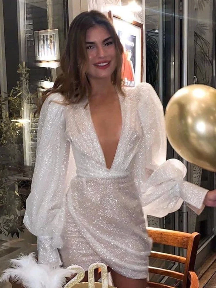 Hulianfu Sexy Sequins Women Party Mini Dress V-Neck Lantern Long Sleeve Female Night Club Evening Dresses Bodycon Short Dress Summer - Deanwangkt
