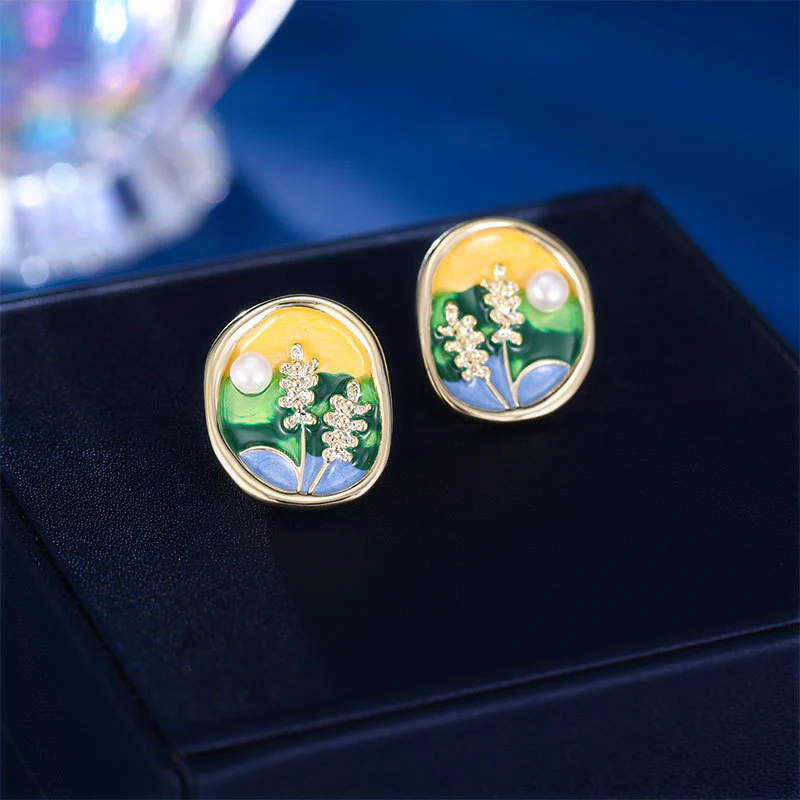 2025 popular spring and summer design impression oil painting s925 silver needle stud earrings court style temperament freshwater pearl wheat ear earrings - Deanwangkt