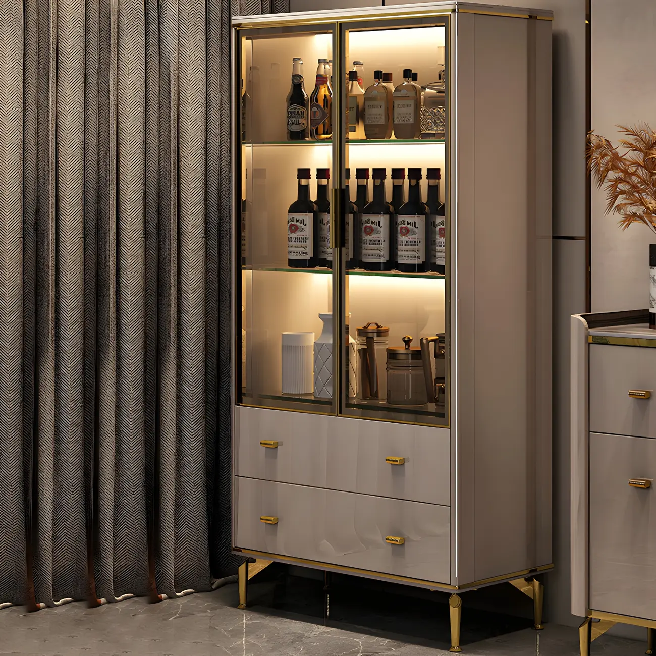 White Wood Gold Legs Adjustable Shelves Display Cabinet