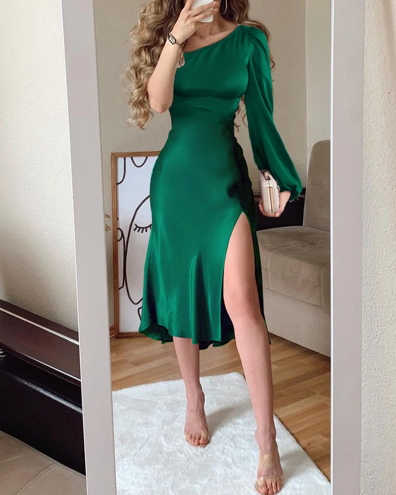 Hulianfu Green Diagonal Collar One-sleeve Slim Asymmetrical Midi Dress Elegant Party Outfits for Women - Deanwangkt