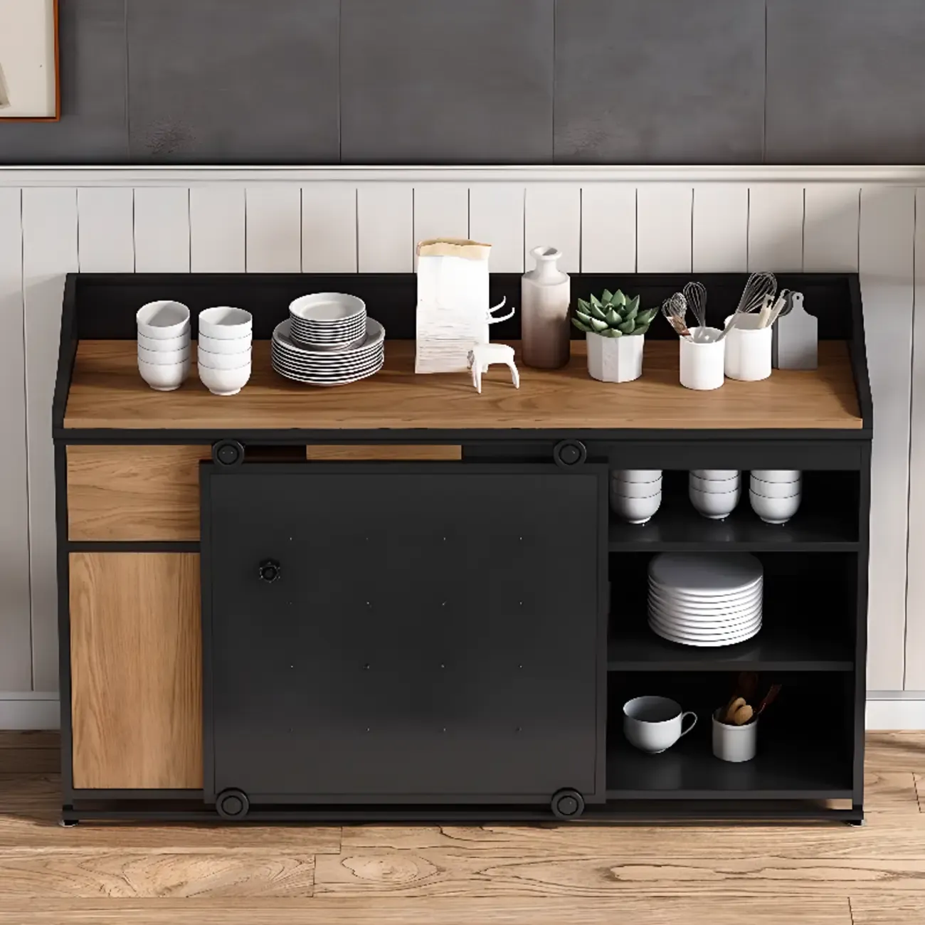 Industrial Sliding Door 4 Shelves Wooden Black Buffet Cabinet