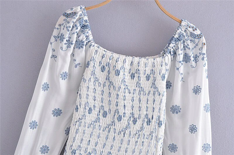 Hulianfu Spring Summer Vintage New Fashion Women Embroidered Elastic Square Neck Puff Long Sleeve Short Mini Dress - Deanwangkt