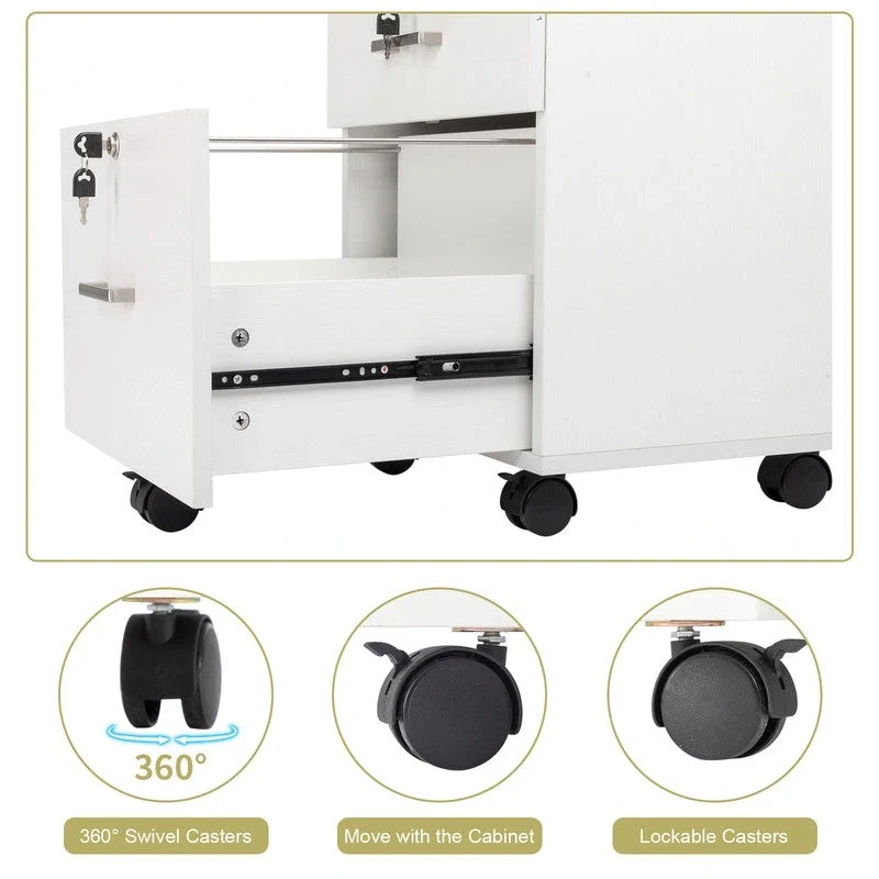 3-Drawer Rolling Wood File Cabinet with Lock