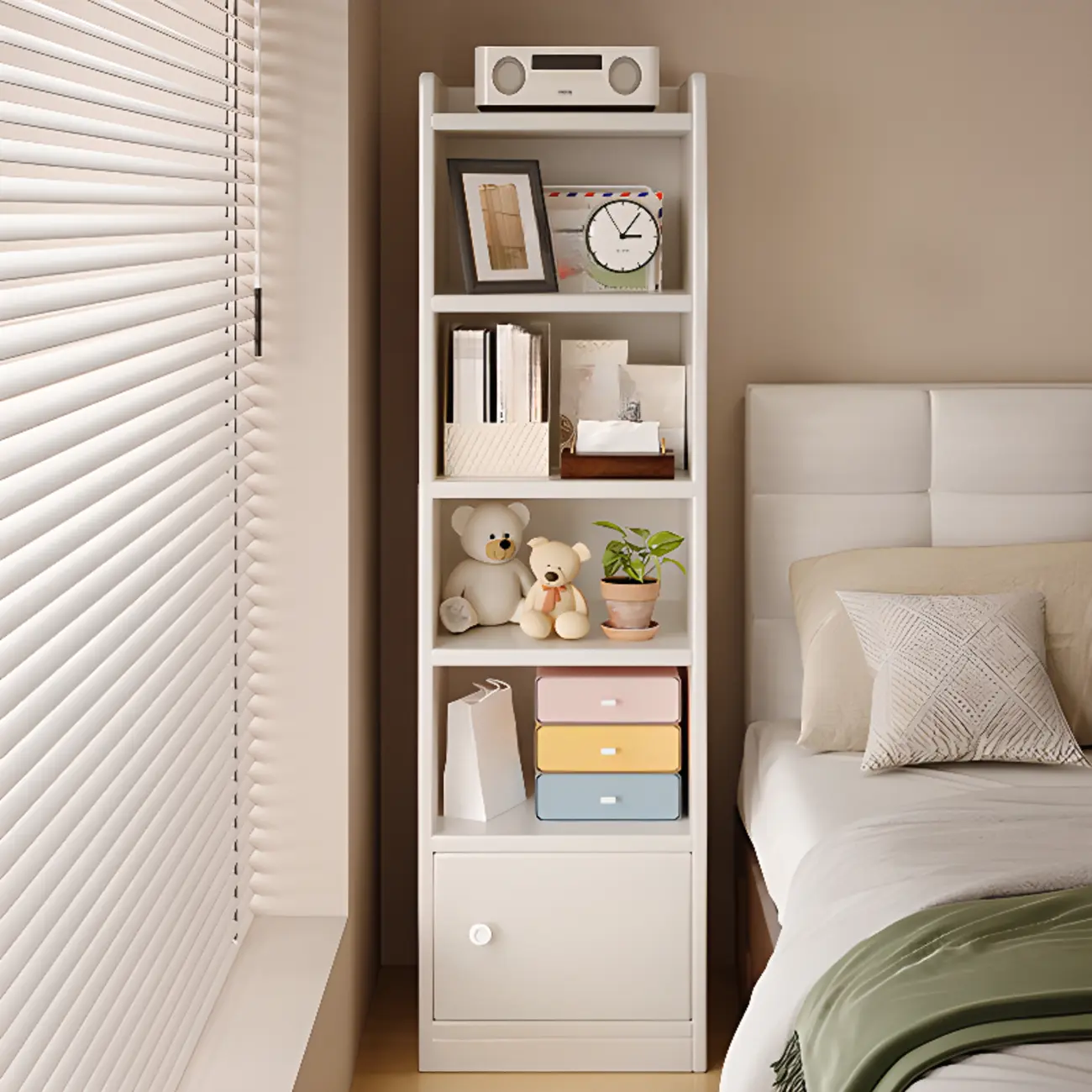 Narrow 6-Shelf White Wooden Bookcase with Cabinet