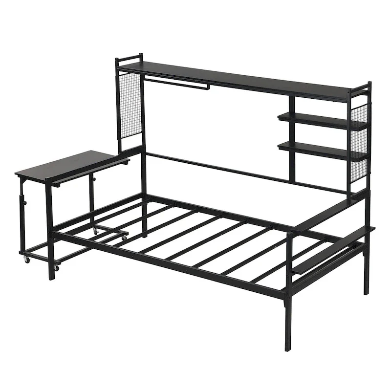 Versatile Daybed with Movable Desk, Metal Sofa Bed Frame with Metal Grid, Shelves and Clothes Hanger, No Box Spring Needed