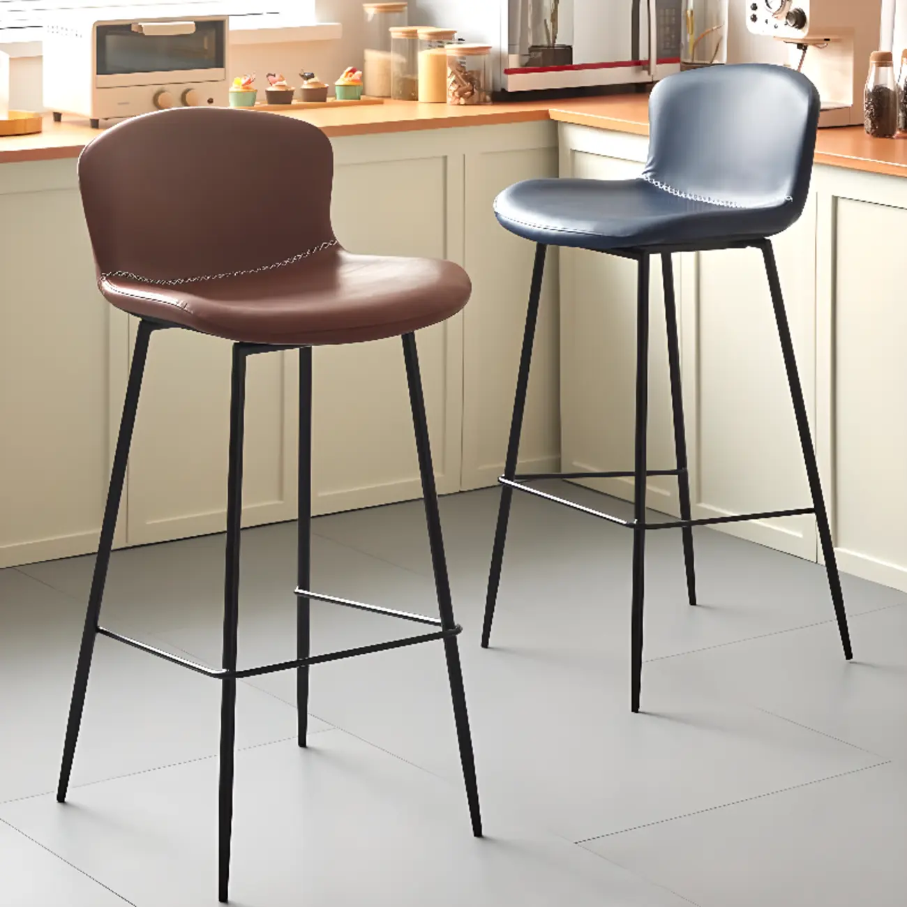 Modern Metal Frame Leather Cushion Low Back Bar Stool