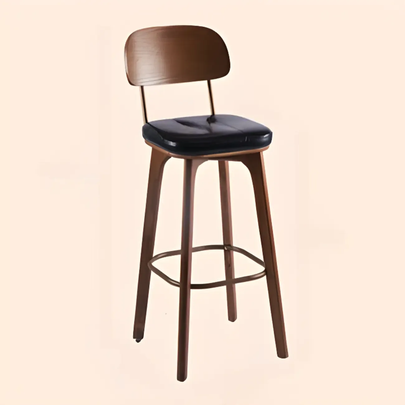 Mid-Century Modern Leather Square Bar Height Stools with Backs