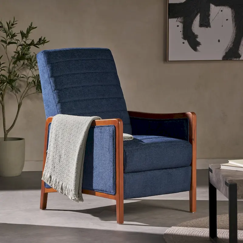 Mid Century Modern Fabric Channel Stitch Wood Pushback Recliner