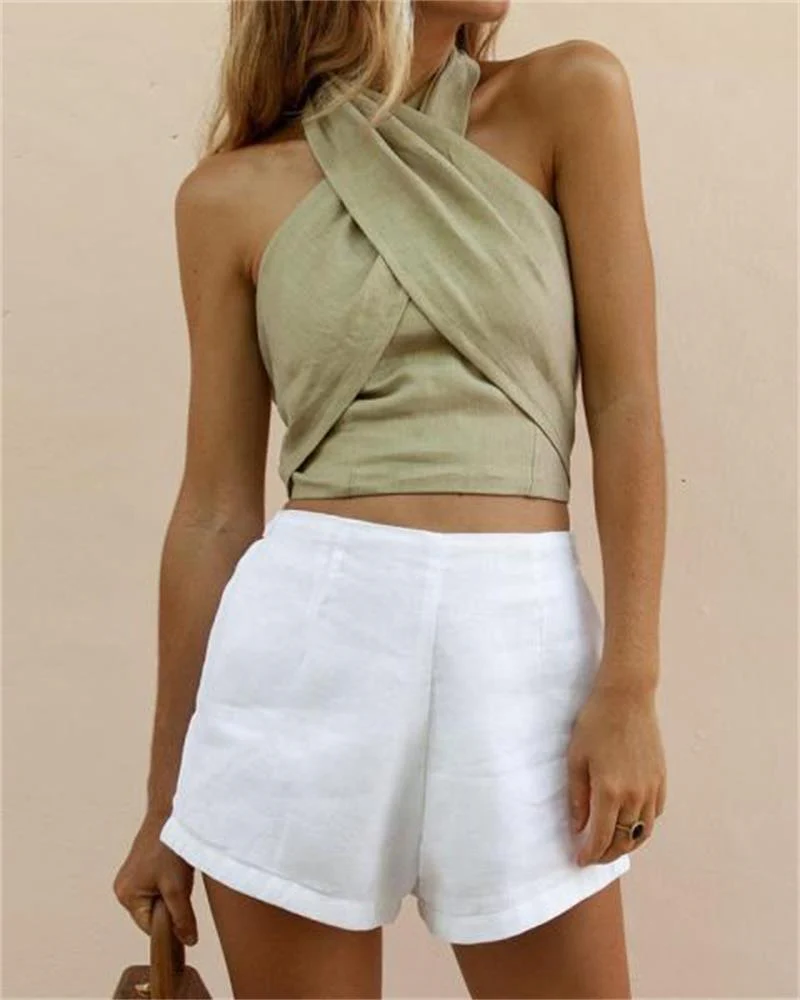 Women's Criss Cross Tank Summer Tops Sexy Sleeveless Halter Neck Top Solid Color Crop Top Bandage Vest Female Outwear Outfits - Deanwangkt