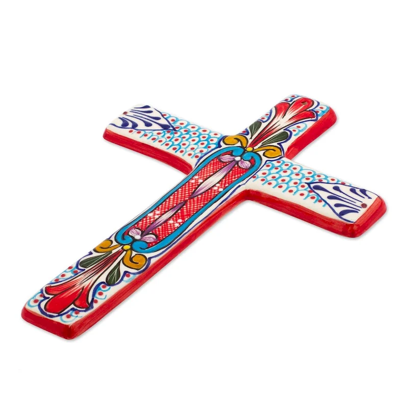 NOVICA Ceramic wall cross, 'Red Lily'