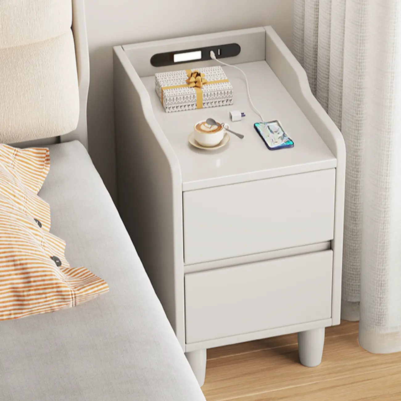 Brown Wood USB-Charging Drawers Nightstand with Lighting