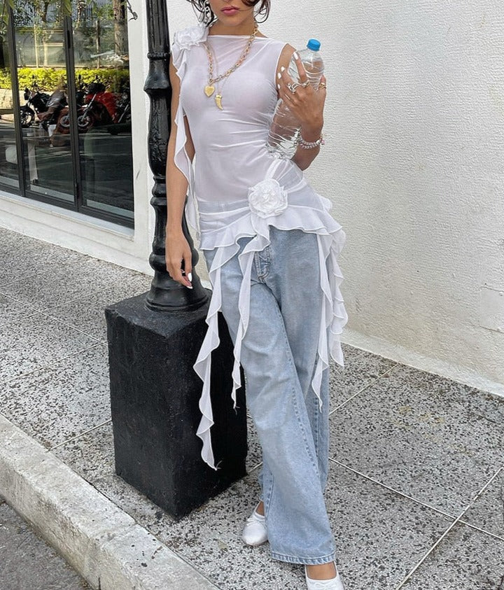 Hulianfu Mesh Sleeveless Backless Solid Tassel See Through Sexy Slim Top T Shirt Autumn Women Kawaii Party Club Halloween - Deanwangkt