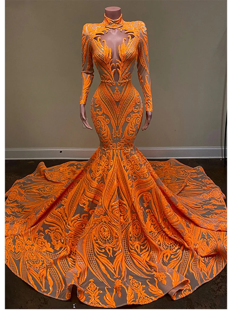 Hulianfu Orange Mermaid Evening Gowns  Party Dress For Womens Blingbling Applique Long Sleeves Occasion Gown Robe De Soir¨¦e - Deanwangkt