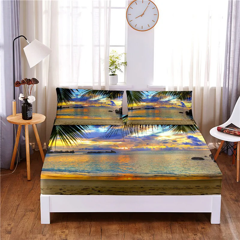 HULIANFU Sunset Beach Digital Printed 3pc Polyester  Fitted Sheet Mattress Cover Four Corners with Elastic Band Bed Sheet Pillowcases - Deanwangkt