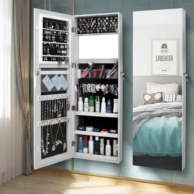 PVC Wood Grain Coating Whole Body Mirror Jewelry Armoires Cabinet