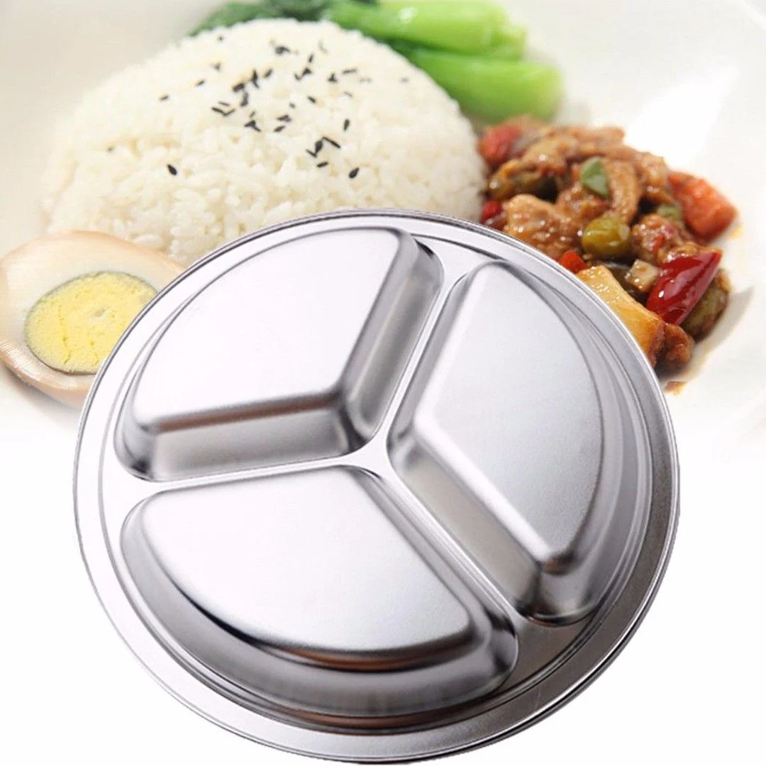 HULIANFU Stainless Steel Dinner Plate 3 Sections Round Divided Dish Children Fruit Snack Tray Baby Bowls Kitchen Tableware Dia 22/24/26cm - Deanwangkt
