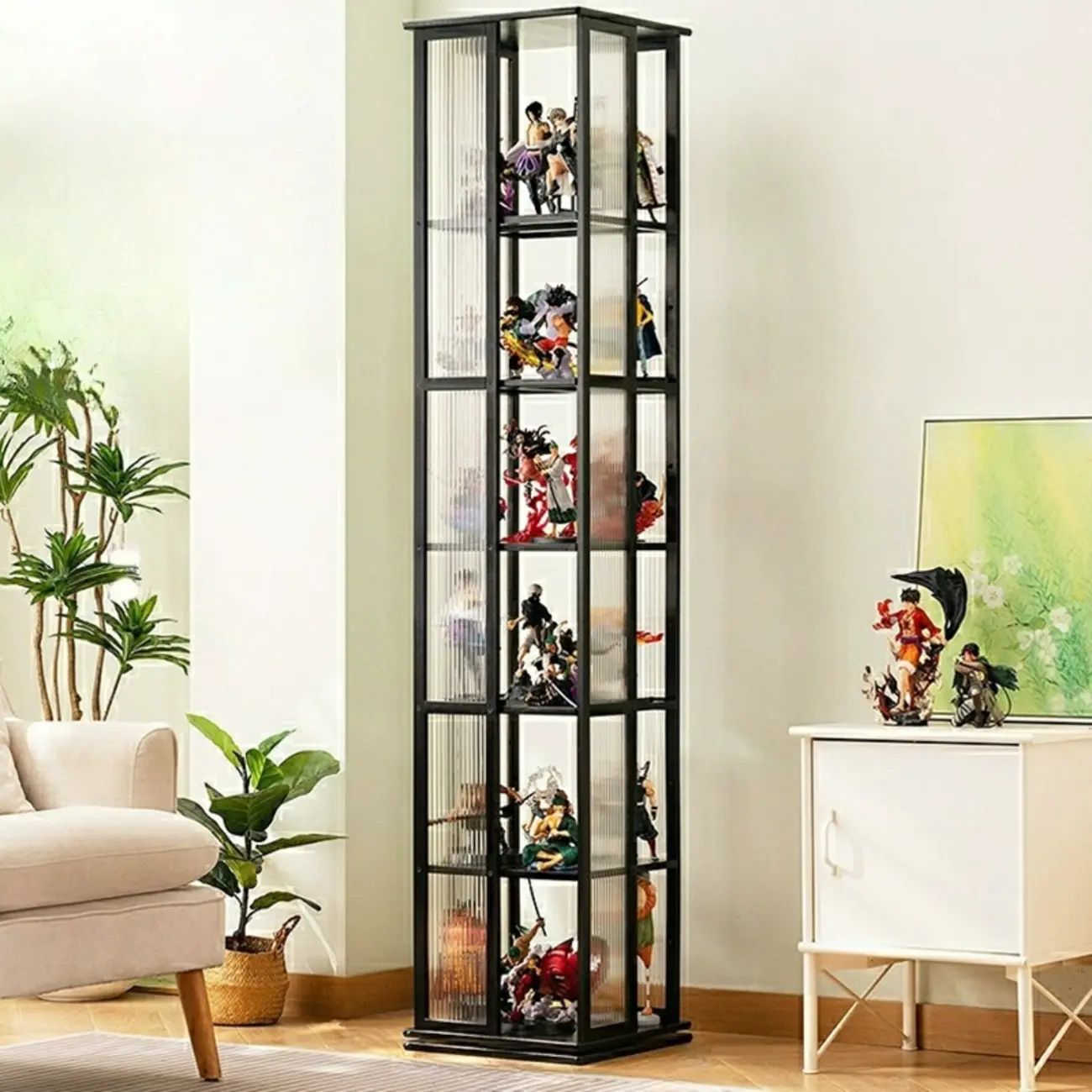 Modern Black Bamboo Tall Narrow Glass Open Display Cabinet