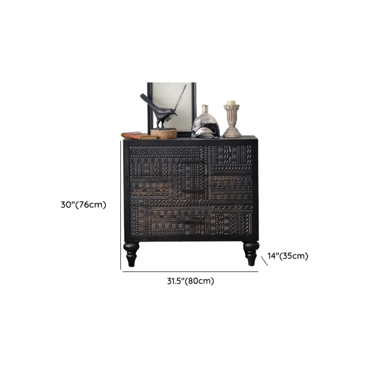 Artistic Pattern Wood Black Cabinet Sideboard in 3-Shelf