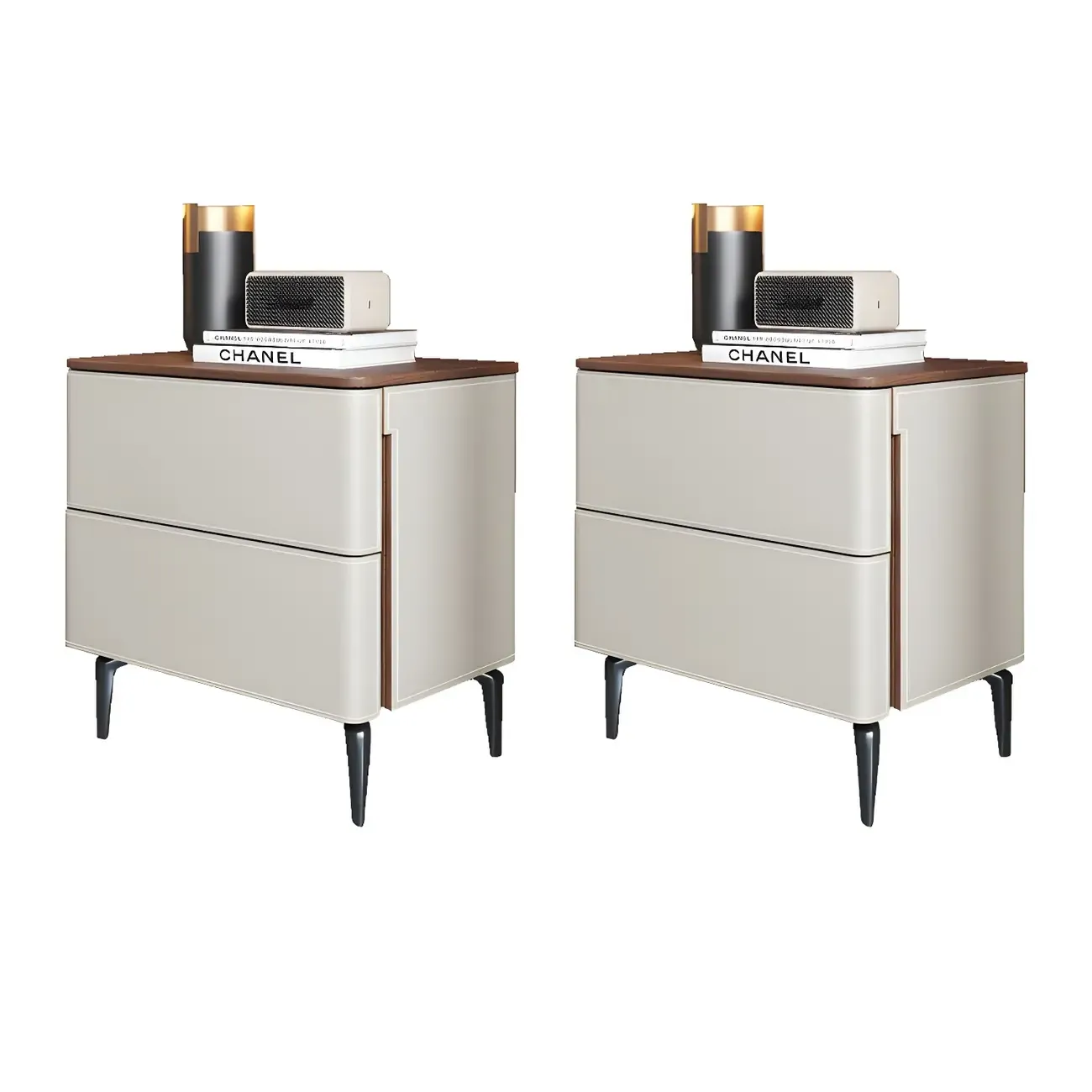 Modern Faux Leather Wood Top Drawers Nightstand