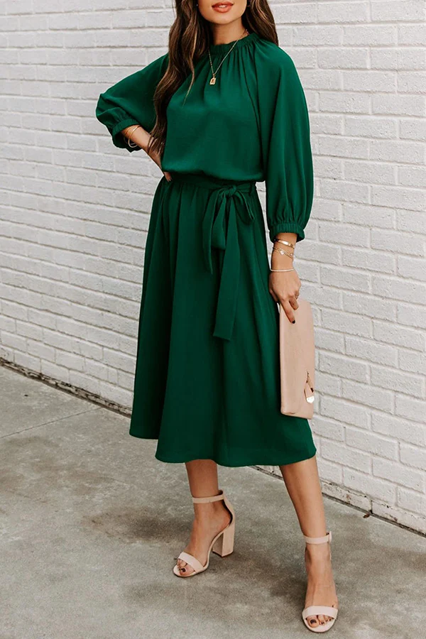 hulianfu Casual Solid Patchwork With Belt O Neck Waist Skirt Dresses - Deanwangkt