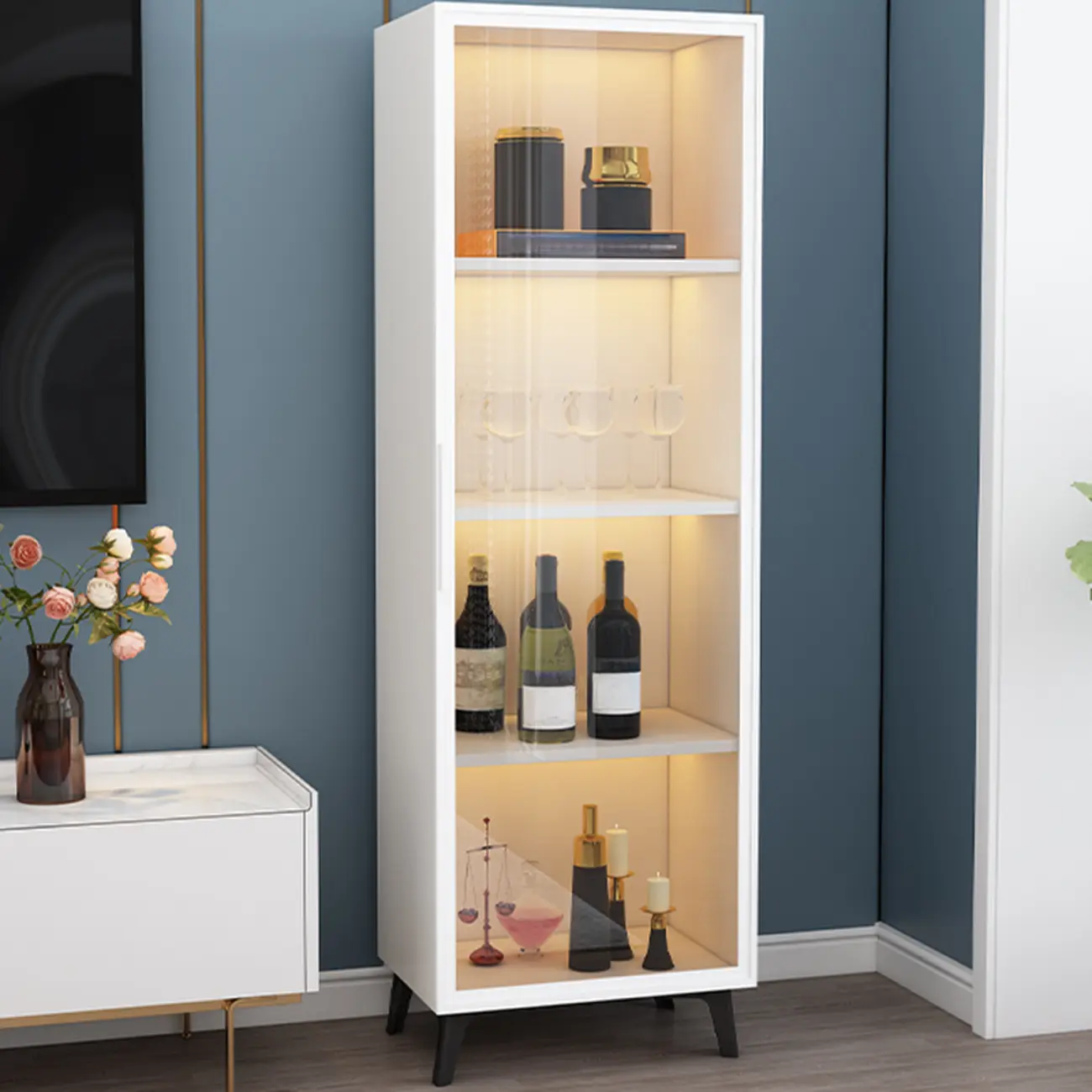 Compact Freestanding Enclosed Wooden Glass Curio Cabinet
