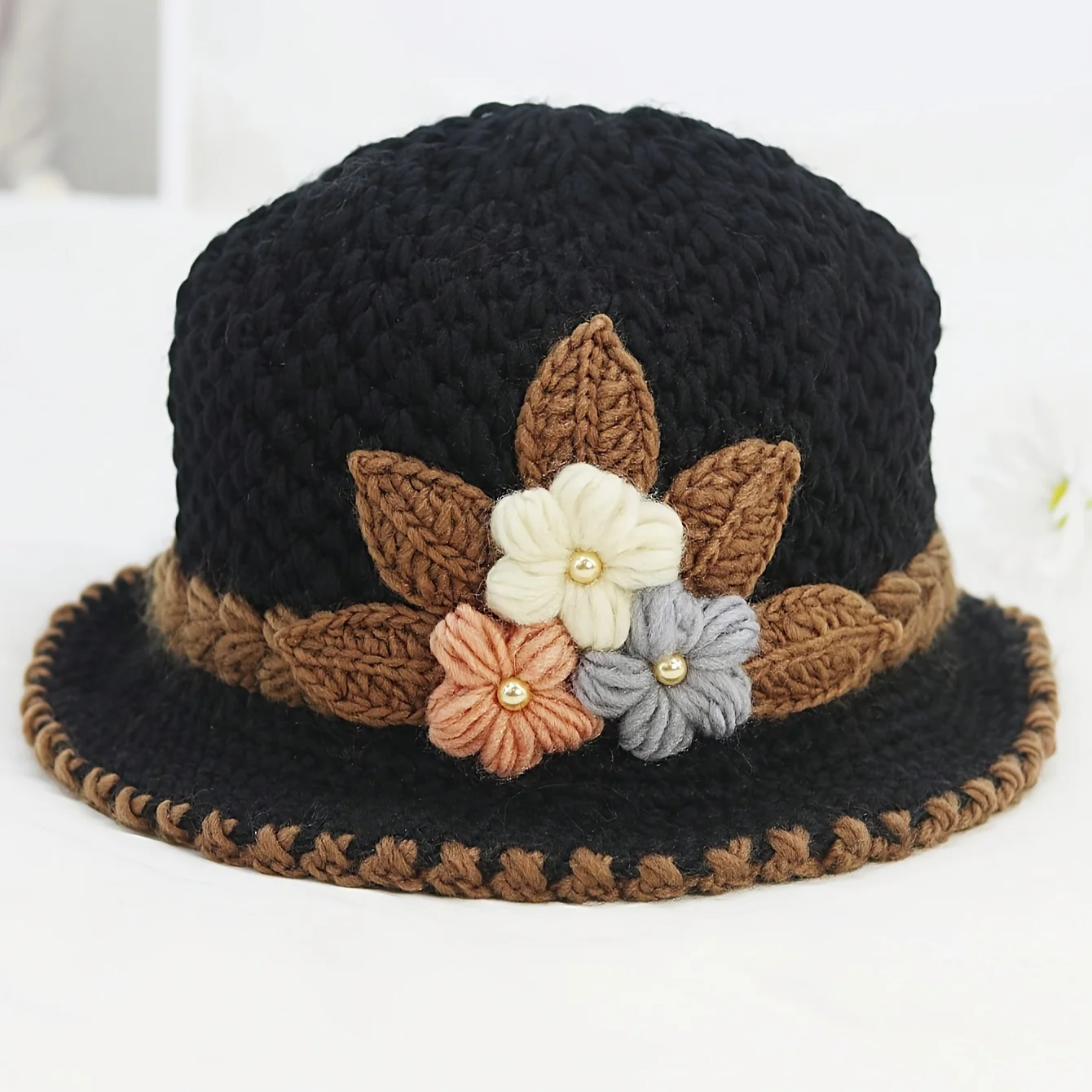 Elegant Floral Crochet Bucket Hat - Soft, Lightweight, Warm, and Breathable Fisherman Cap for Women - Perfect for Autumn and Winter Seasons - Deanwangkt