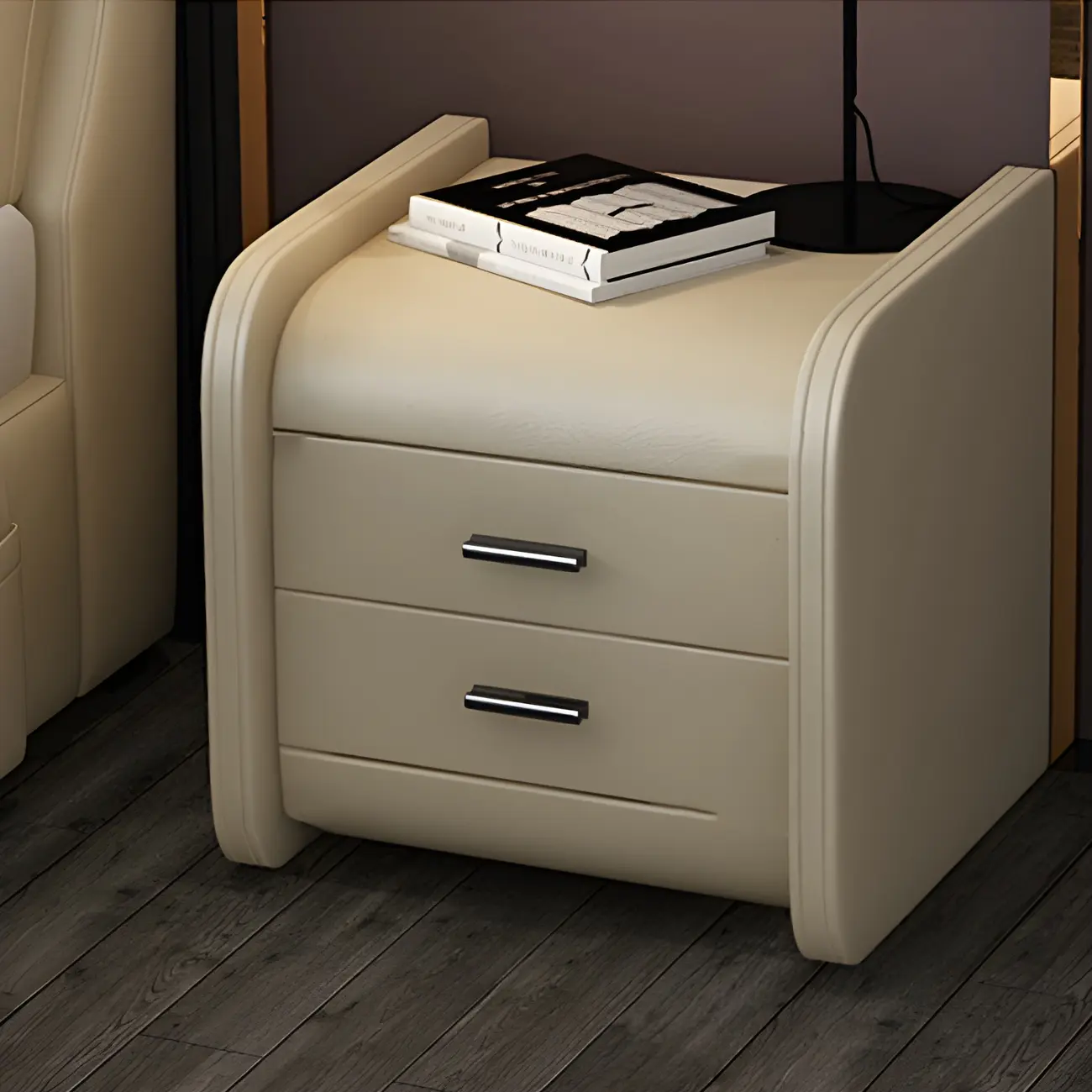 Modern Round Edge Nightstand with 2 Drawers in Beige Leather