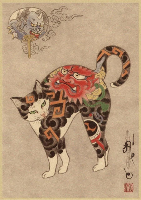HULIANFU Japanese samurai cat tattoo cat vintage poster wall art sticker painting living room decoration bedroom print picture - Deanwangkt